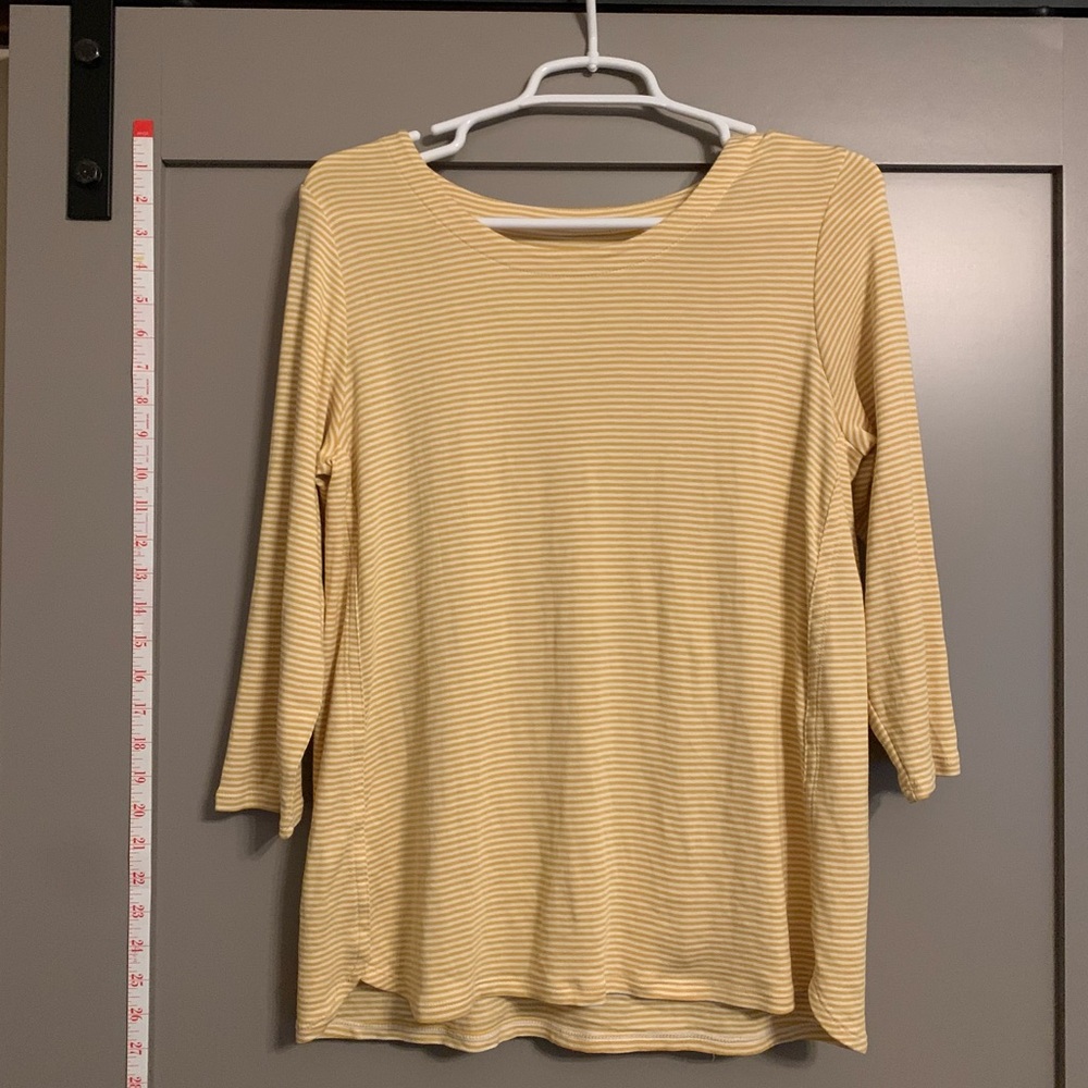 J. Jill Pima Scoop Neck Tee Size Medium Mustard Yellow White Striped 100% Cotton